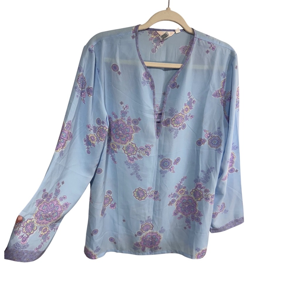 Cerie Medium Blue Floral Tunic Women's Long Sleeve Boho V-Neck Blouse